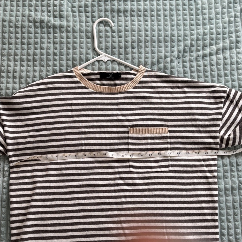 Striped Black & Cream Knit Sweater with Chest Pocket - Picture 9 of 10